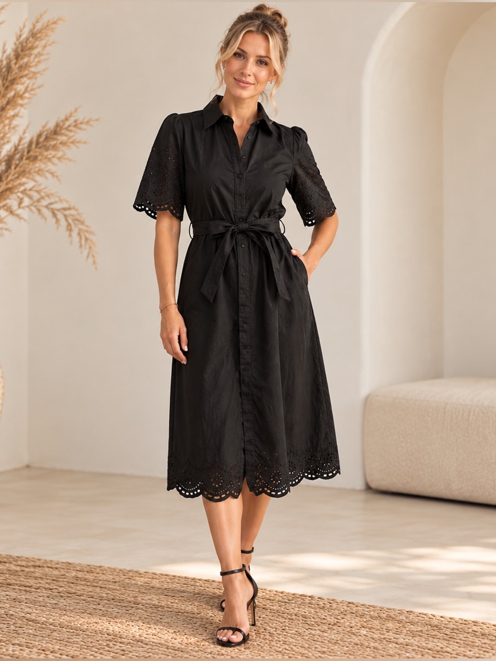 🌸Silver Jeans Black Eyelet Midi Shirt Dress with Waist Tie 💯Cotton Size L Preppy